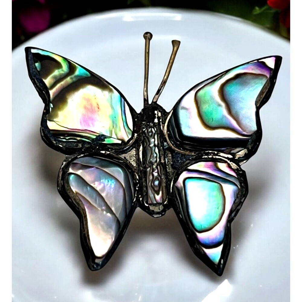 Vintage 1970s Alpaca Mexico Butterfly Brooch Abalone Shell Silver Tone - 12T